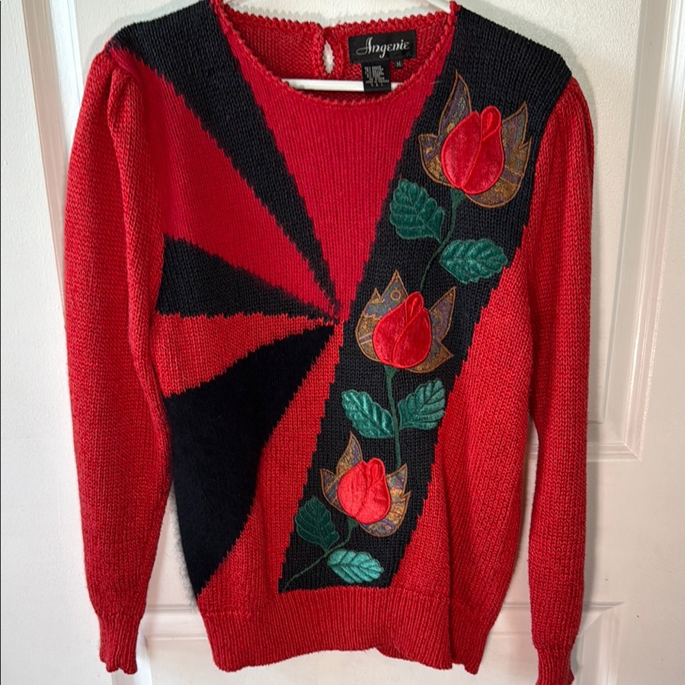 🌹Vintage Angenie angora blend knit red roses floral sweater S M